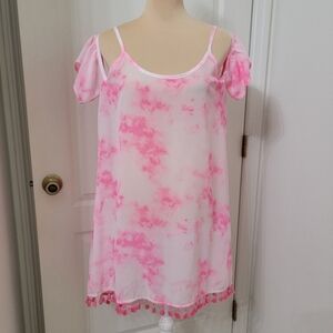 Miken Size M Pink and White Tie Dye Cold Shoulder Swimsuit Coverup